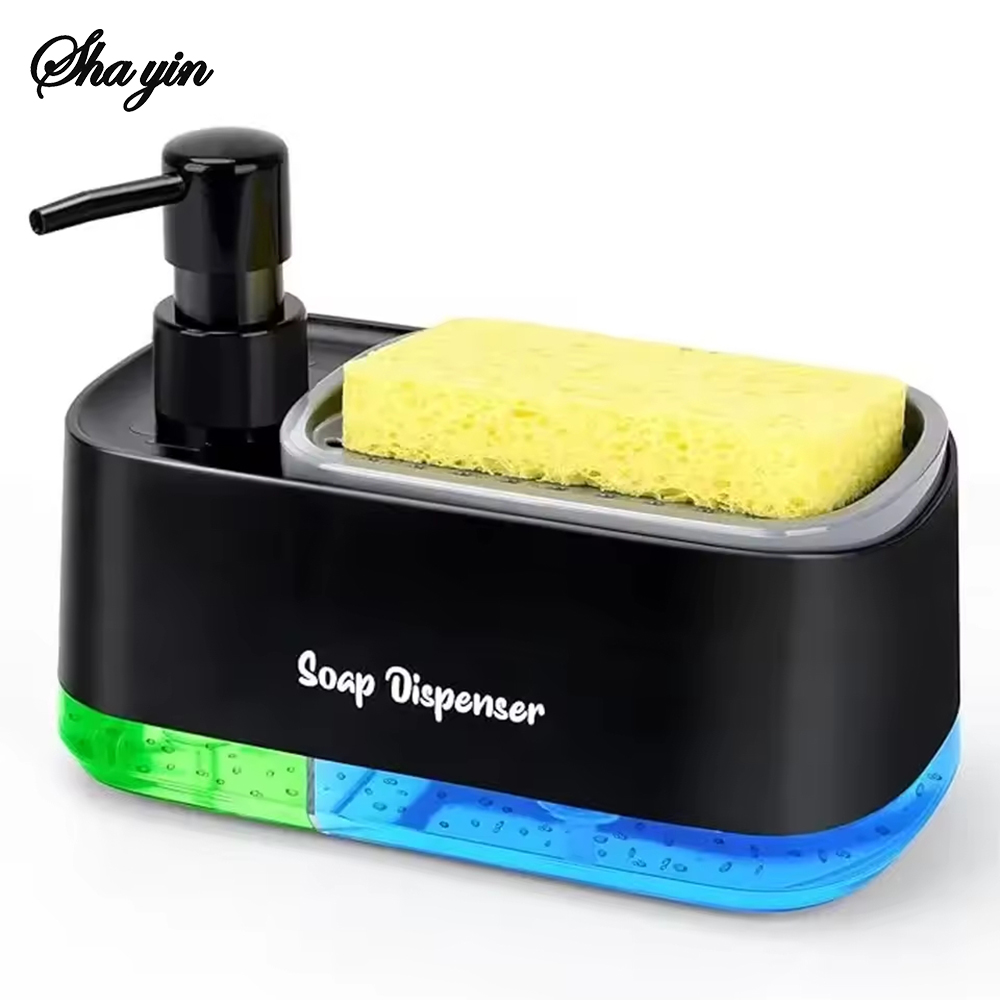Soap Dispenser Pump - ชุดจ่ายสบู่ล้างมือและล้างจาน 3-in-1 พร้อมที่วางฟองน้ำ ที่ปั๊มสบู่แบบคู่สำหรับอ่างล้างจานในครัว