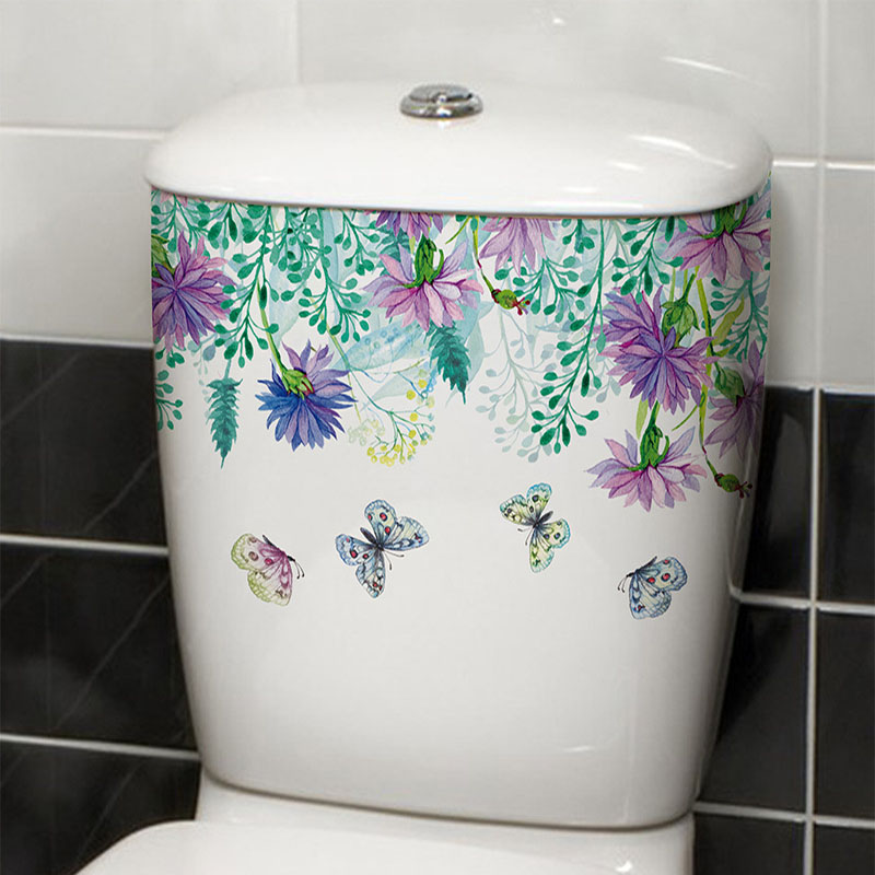 Home Bathroom Layout - สติกเกอร์ติดผนังห้องน้ำลายดอกไม้ผีเสื้อสีสันสดใสสำหรับตกแต่งห้องน้ำ ห้องส้วม ผนังกระเบื้อง ลายพิมพ์ PVC กันน้ำ