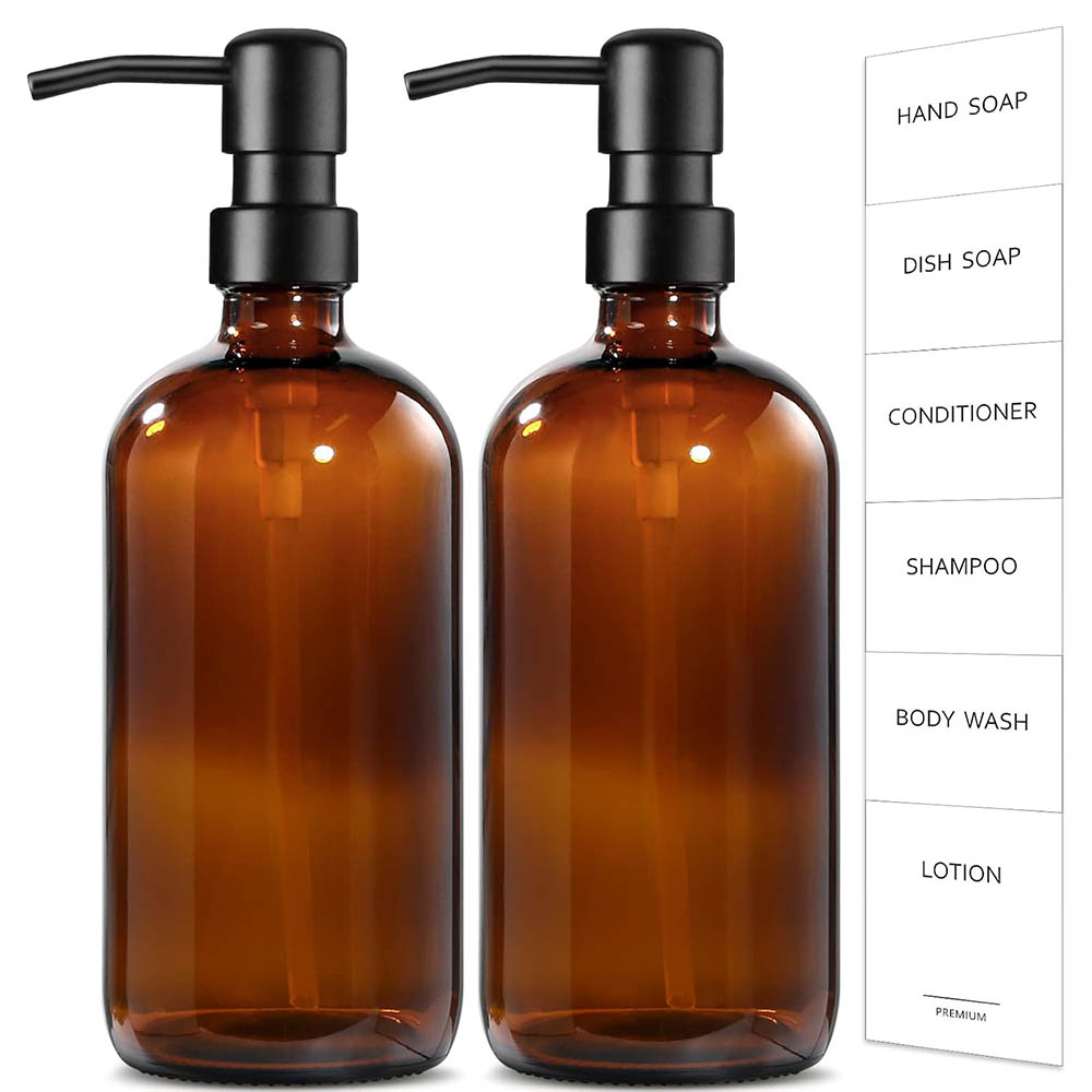 Soap Dispenser Pump - ขวดสบู่แก้วสีเหลืองอำพัน 2 ชิ้น ขนาด 17 ออนซ์